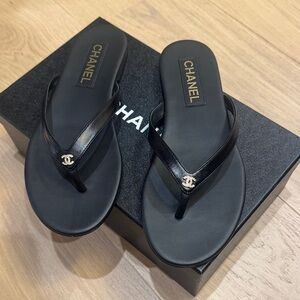 CHANEL Black Leather Sandals
